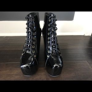 Jeffrey Campbell Black Patent Lace-Up Platform Ankle Boots